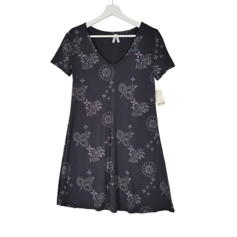 Mudd T-Shirt Dress Womens XS Black Floral Butterfly V-Neck Modal Blend Fairy